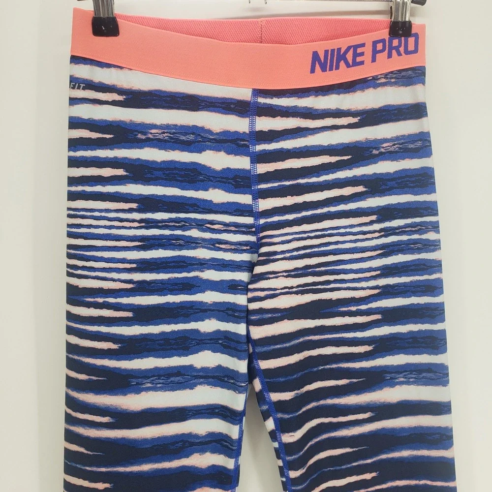 Nike Pro Abstract Zebra Stripe Capri Leggings Women M Blue Neon Pink Dri-FIT